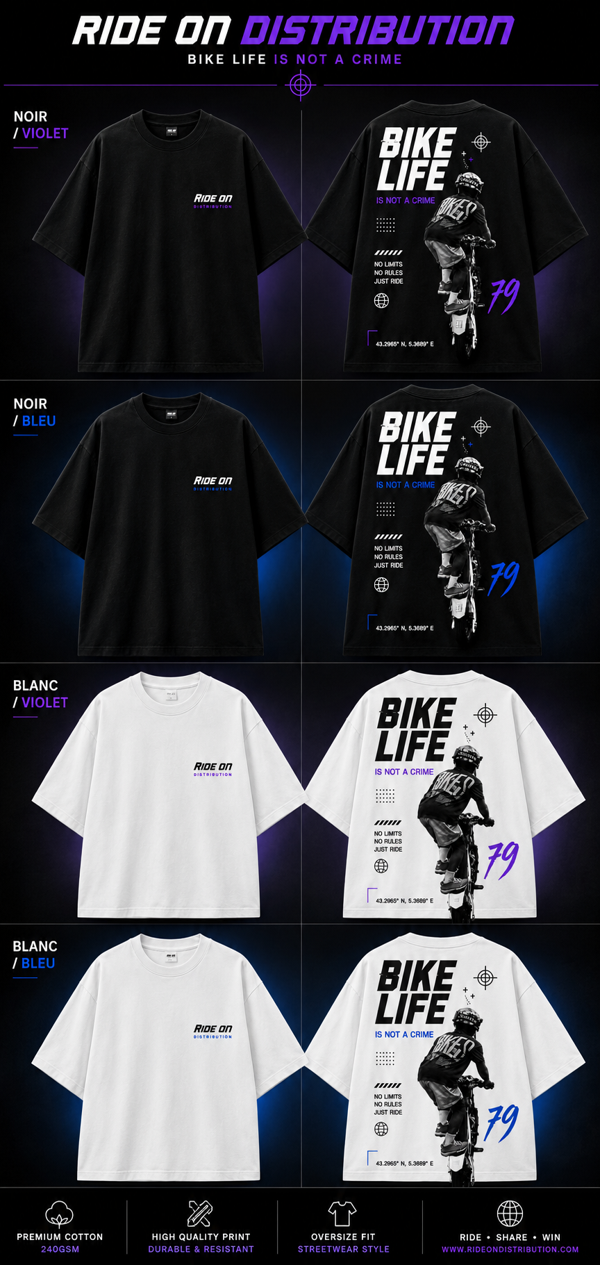 Collection T-shirts Ride On Distribution Bike Life Is Not A Crime — noir et blanc, violet et bleu