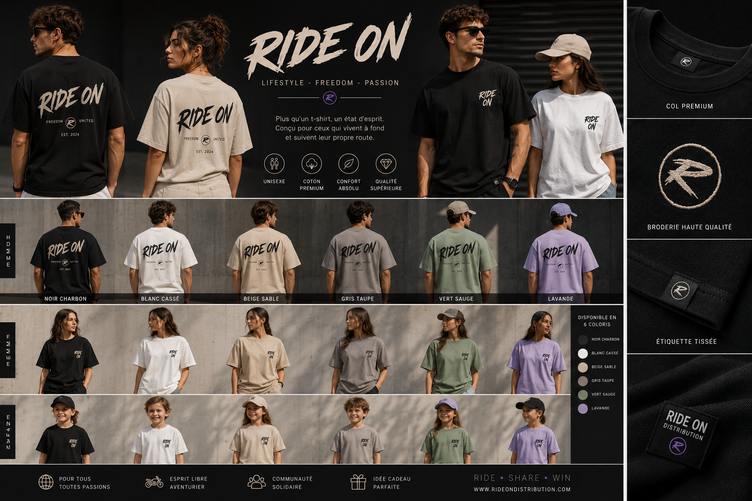 Collection T-shirts Ride On — 6 coloris, homme, femme et enfant